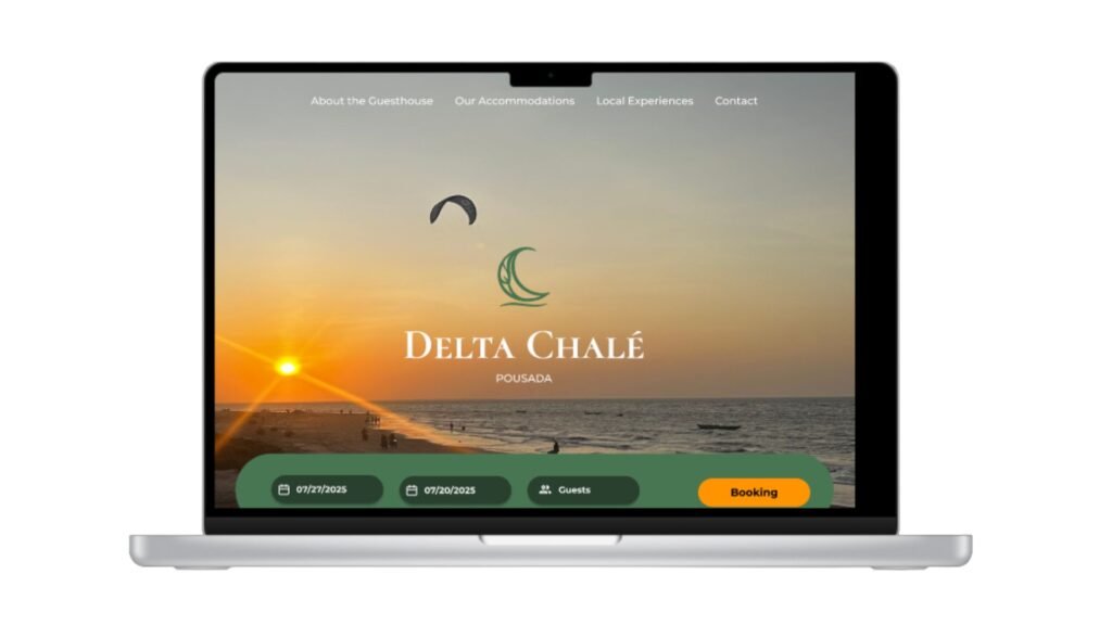 Website homepage design for Delta Chalé Guesthouse created by WinxDesign, featuring a sunset beach background and modern booking interface.