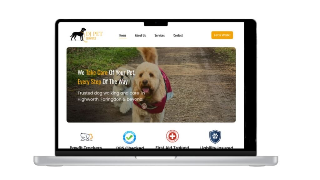 Website design for DJ Pet Services created by WinxDesign, showing a cheerful dog on a countryside path and a clean, modern layout.