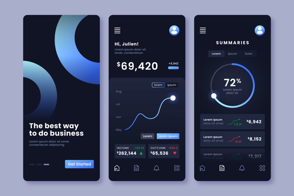 Dark mode mobile app dashboard UI showing financial analytics and summaries with modern gradients and data visualization web design trends UK 2025.