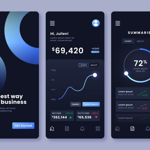 Example of a responsive mobile dashboard interface using dark mode, fluid gradients, and intuitive data visualization key web design trends in the UK for 2025.